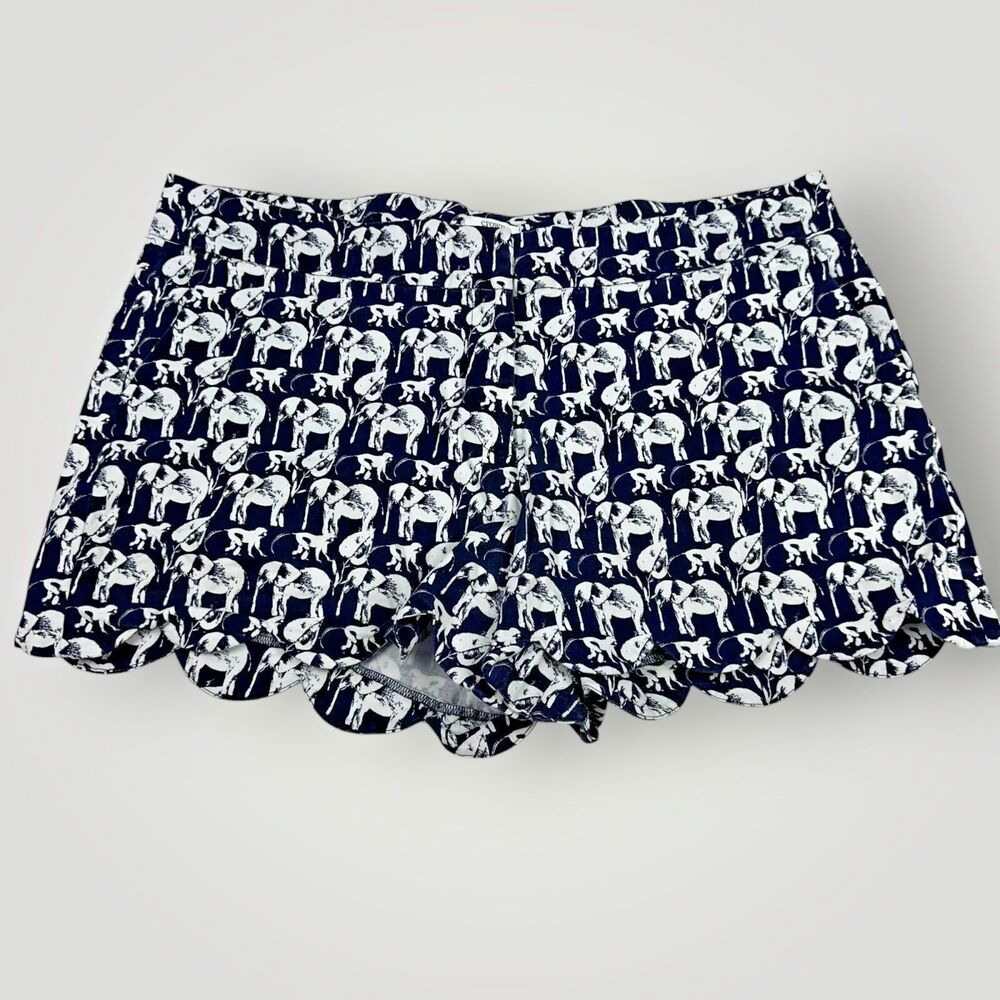 Crown & Ivy Women’s 16 Navy Elephant Monkey Print Shorts 4" Inseam Scalloped Hem
